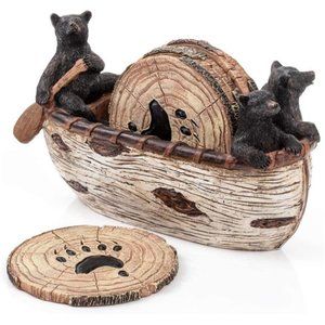 Bear Coasters Set – 6 Full Size Rustic Coasters in Handmade Canoe with Figurines